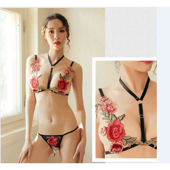 Set bra G String Wanita Sexy Lingerie Halter Neck Lace Open thong B039