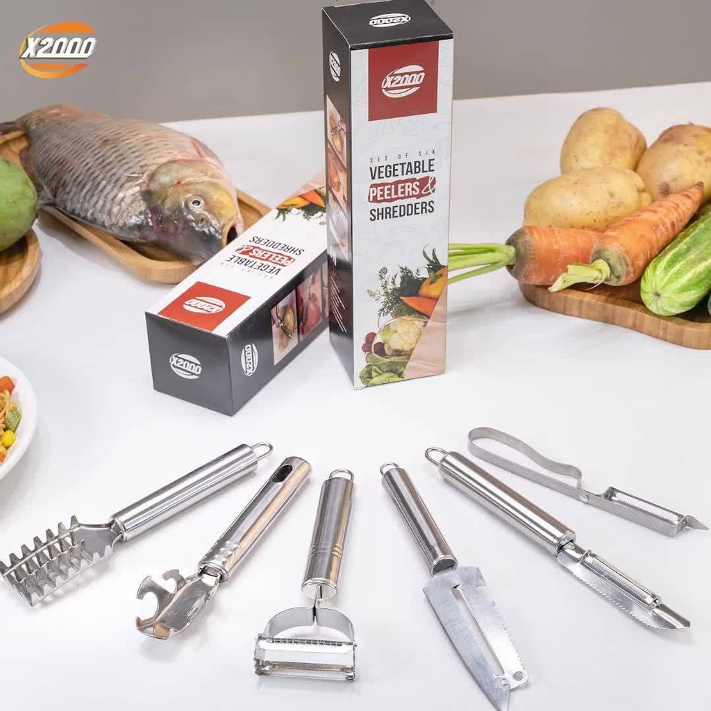 [BISA COD] X2000 Pisau Dapur set 6in1 Stainless Steel /Alat pembersih sisik ikan /Vegetable shredder/Pengupas kulit buah/Peeler Grater kitchen tool