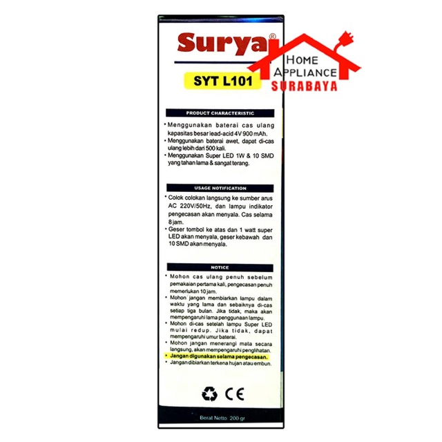 Lampu Emergency Lamp 10 LED SMD+ Senter Super LED 1 Watt Surya SYT L 101 / L-101 / L101 Rechargeable