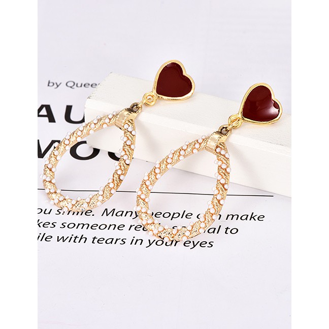 LRC Anting Tusuk Fashion Gold Alloy Love Pearl Drop Ear Stud Earrings F50965