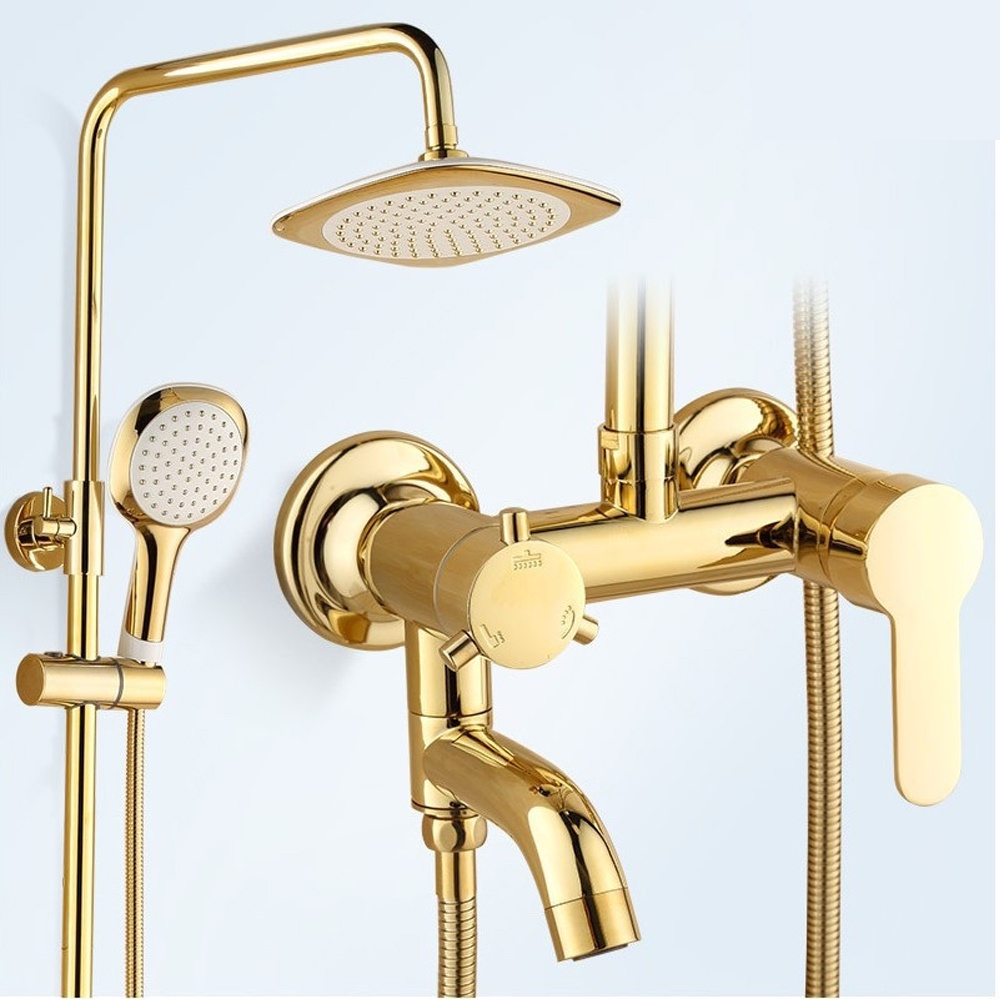 Shower set kamar mandi warna emas kuningan keran shower gold air panas dingin dengan kepala pancuran curah hujan 8 inci dan hand shower gold / Hot European Style Golden Copper Body Rain Faucet Kamar Mandi Shower Set