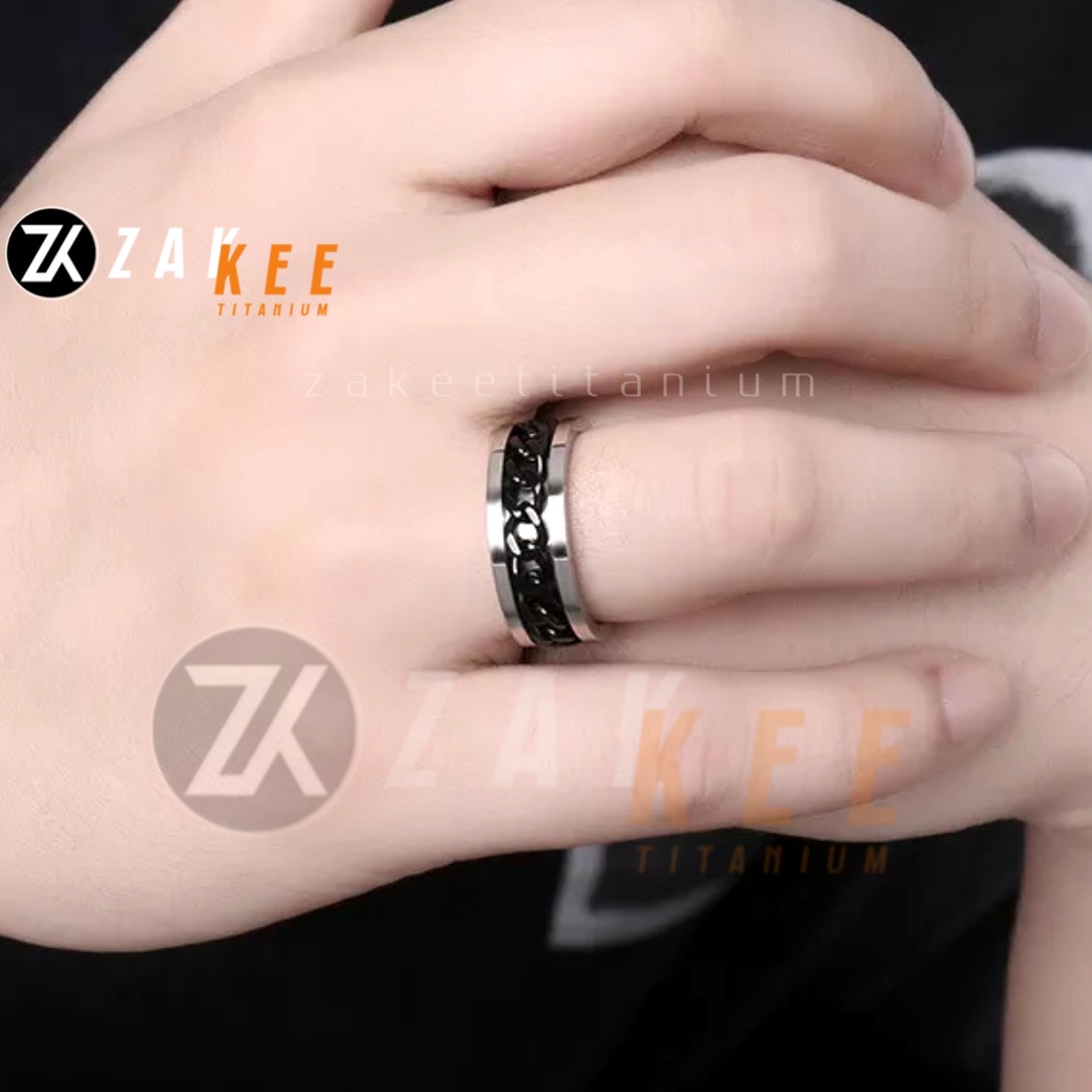 Cincin Pria Wanita Anti Karat Cincen Titanium Silver Rantai Hitam Cowok Cewek Keren