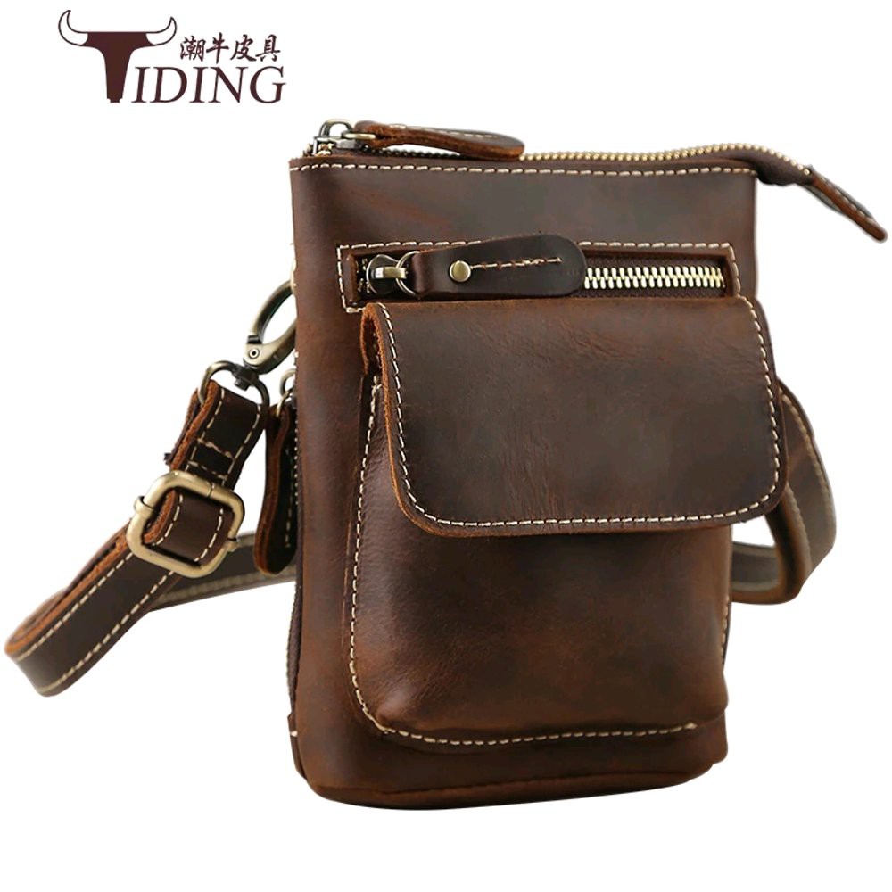 Tas selempang pria Kecil kulit asli- Tas ikat pinggang sabuk/ Tas dompet handphone kulit Crazy House