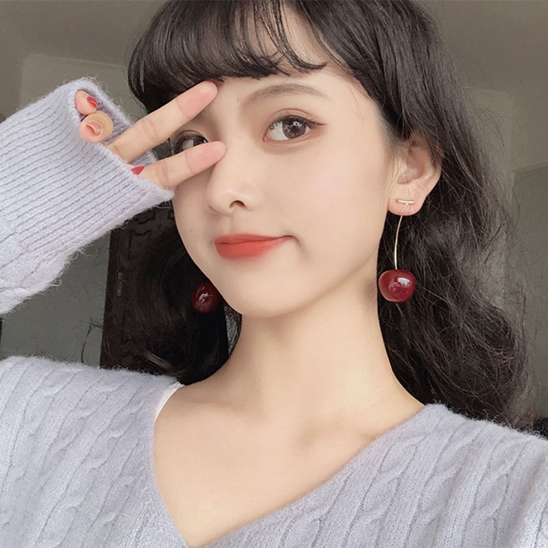 Anting Stud Panjang Desain Buah Cherry Bahan Resin Gaya Korea