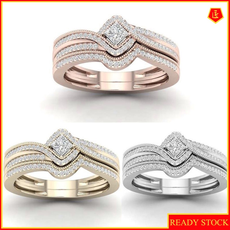 [Ready Stock]Luxury Micro-Inlaid Square Diamond Ring Set