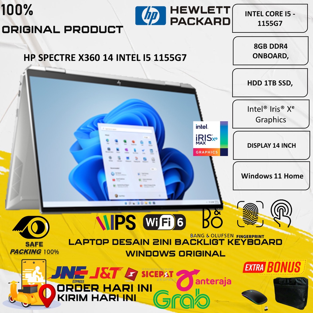 LAPTOP KERJA  SPECTRE X360 14 INTEL I5 1155G7 8GB 1TB SSD IRIS XE 14&quot; FHD TOUCH BL FP WIN11HOME