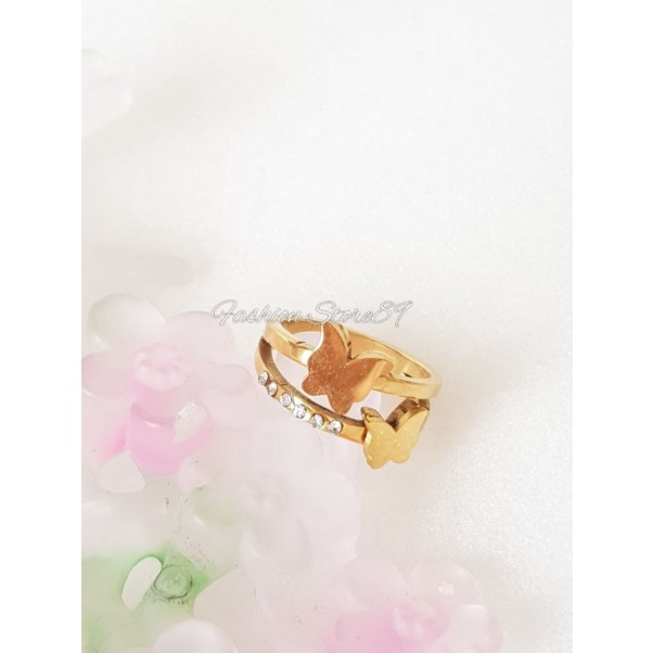 Cincin impor Buterfly ring Permata ring Fashion impor Titanium gold Kupu-kupu Ring Permata Fashion