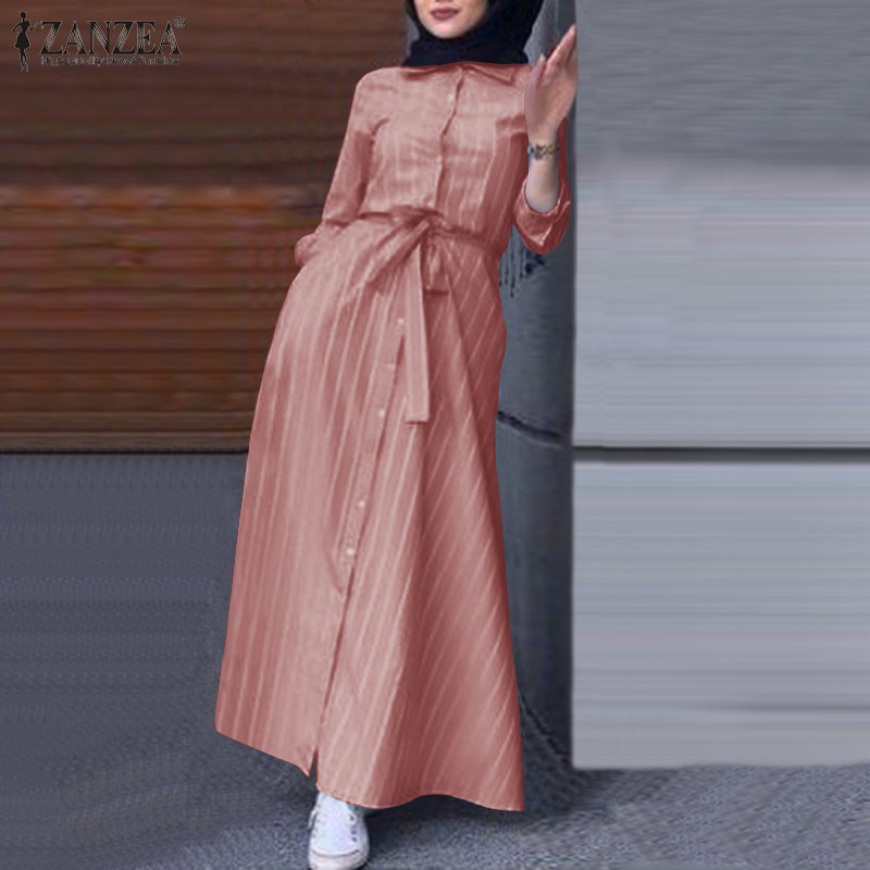ZANZEA Women Long Sleeve Lapel Collar Belted Striped Muslim Long Dress