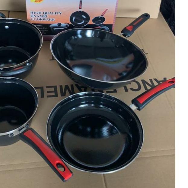 ♜ WAJAN ENAMEL SET GAGANG MERAH/WAJAN PENGGORENGAN TEFLON ANTI LECET (TEXANIA) ☏