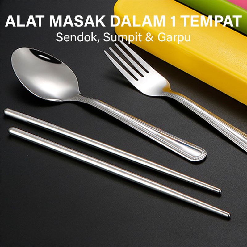 4PCS/ set Alat Makan Travel Korea Sumpit Portable Sendok Garpu Sumpit Stainless Steel 410 Include Kotak-Won