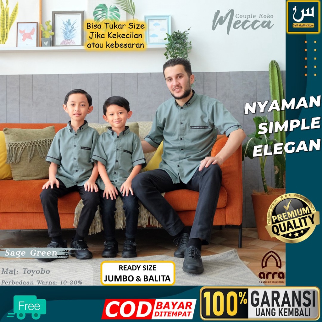 Baju Lebaran Kameja Kemko Kemeja Koko Kokoh Couple Muslim Casual Pria Ayah Dan Anak Remaja Laki Laki Dewasa 12 Tahun Jumbo Lengan Pendek Bahan Kain Toyobo Premium Warna Hijau Sage Green Arra Mecca