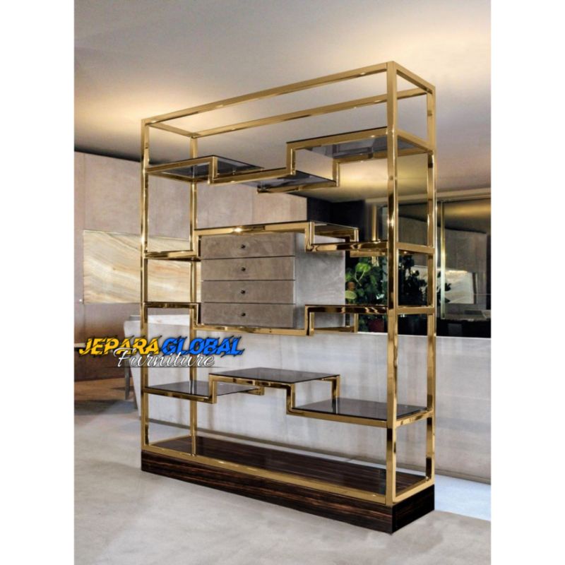 Rak pajangan / rak buku stainless steel gold berundak (lemari pajangan,lemari hias,sketsel besi )