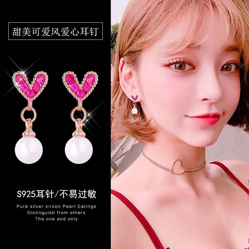 Gaya Korea Dongdaemun musim panas elegan jantung telinga kecil earbud wanita baik sterling silver pi