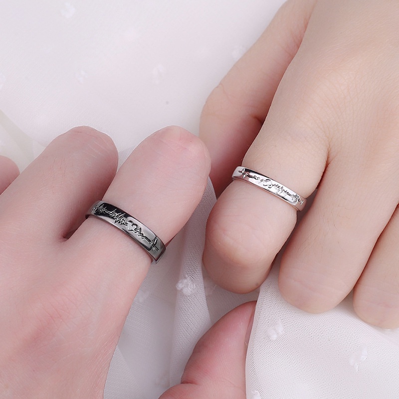 Cincin Model Terbuka Adjustable Desain Hati ECG Forever Love Warna Hitam Putih Untuk Pria Dan Wanita