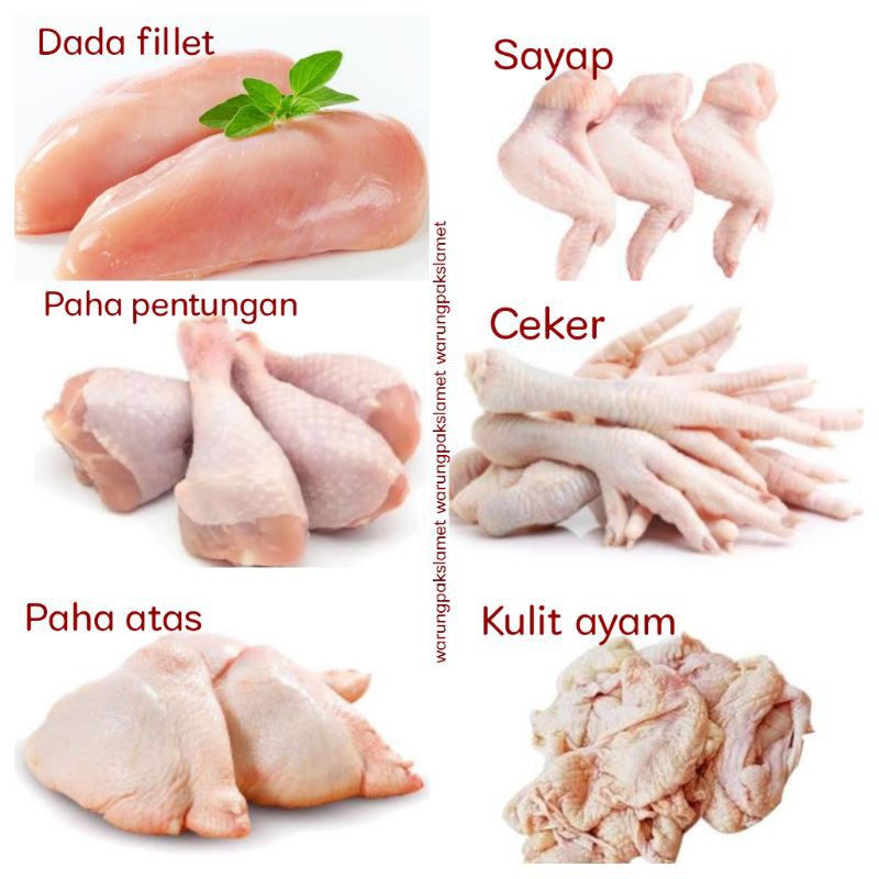 

Dada ayam fillet / Paha pentungan / Paha atas / Sayap ayam / Ceker / Kulit ayam segar