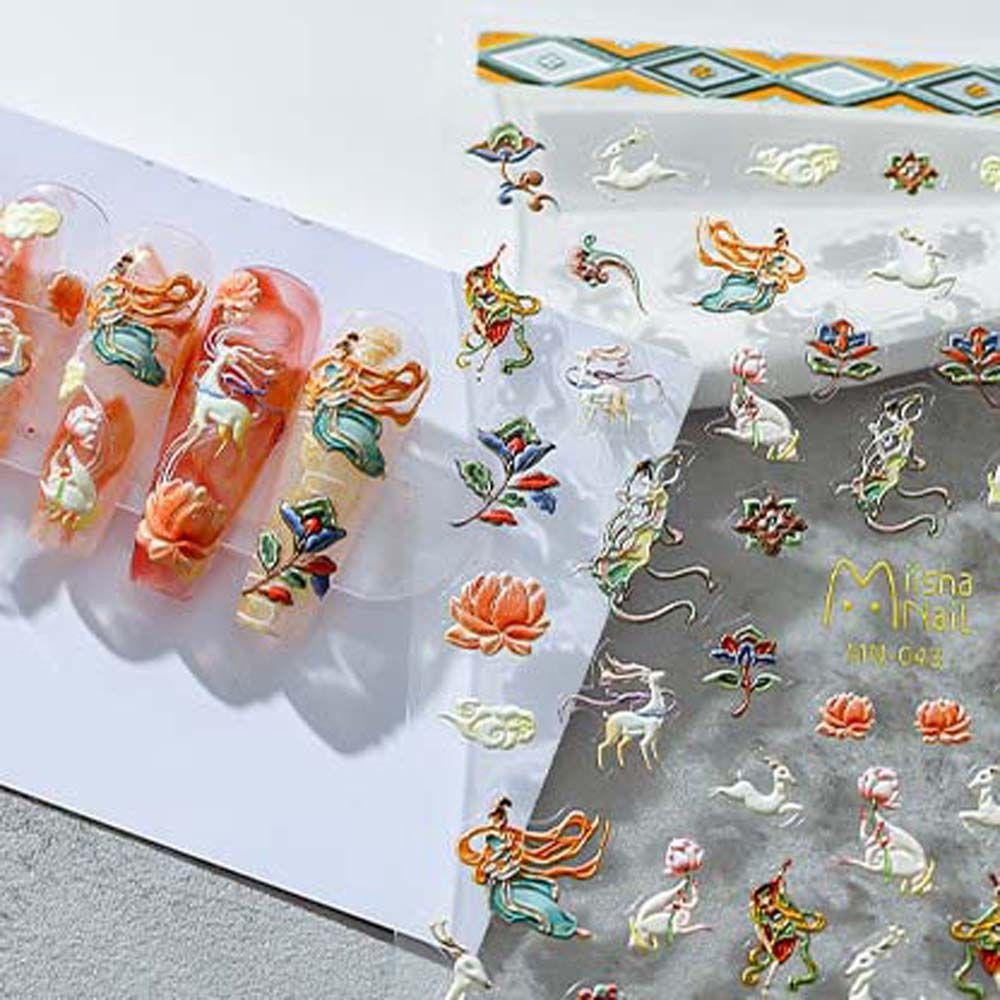 MXBEAUTY Dunhuang Mural Stiker Kuku Bunga Rusa Tipis Tangguh 5D Timbul DIY Manicure Aksesoris Gaya Cina Kuku Foil Decals