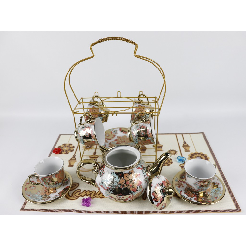 TEKO CANGKIR SET 12pc + RAK / TEA SET MOTIF BUNGA