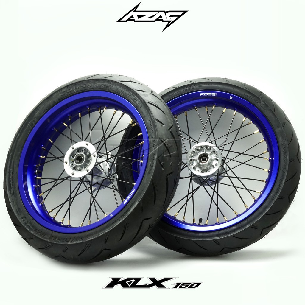 BANSET SUPERMOTO KLX 150 ROSSI BLUE TROMOL ORIGINAL PIRELLI DRS