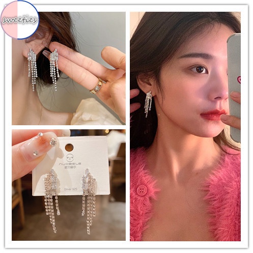 Anting Stud 925 Silver Model Rumbai Panjang Bahan Zirkon Untuk Wanita