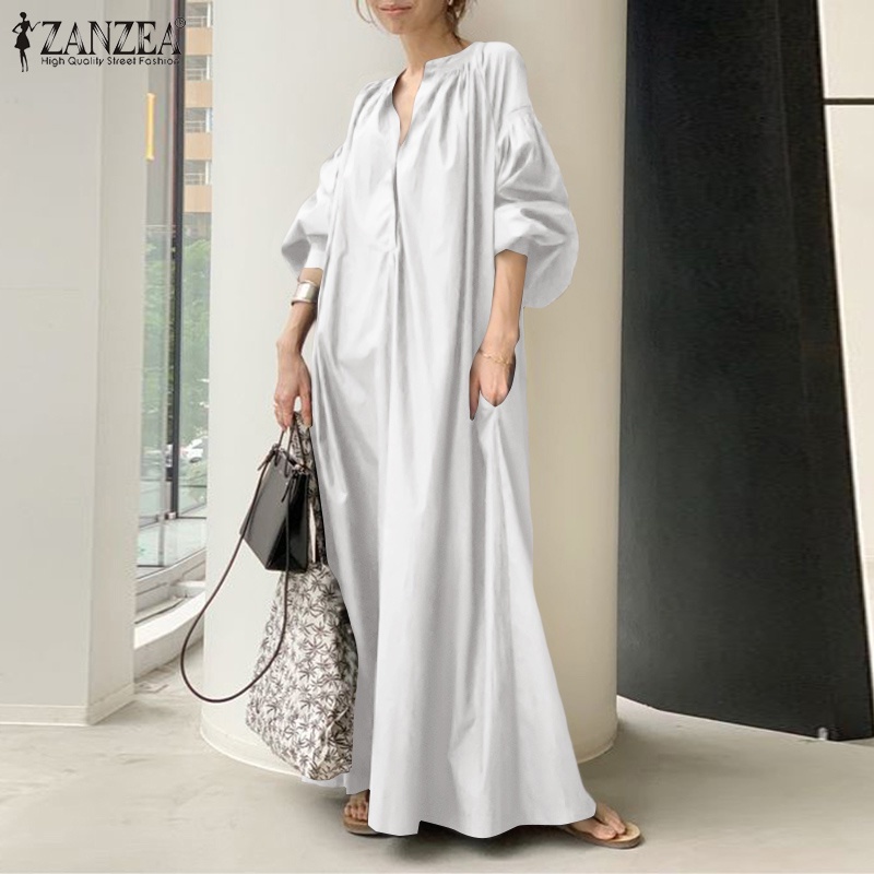 ZANZEA Women Collar V-Neck Puff Sleeve Solid Casual Maxi Dress