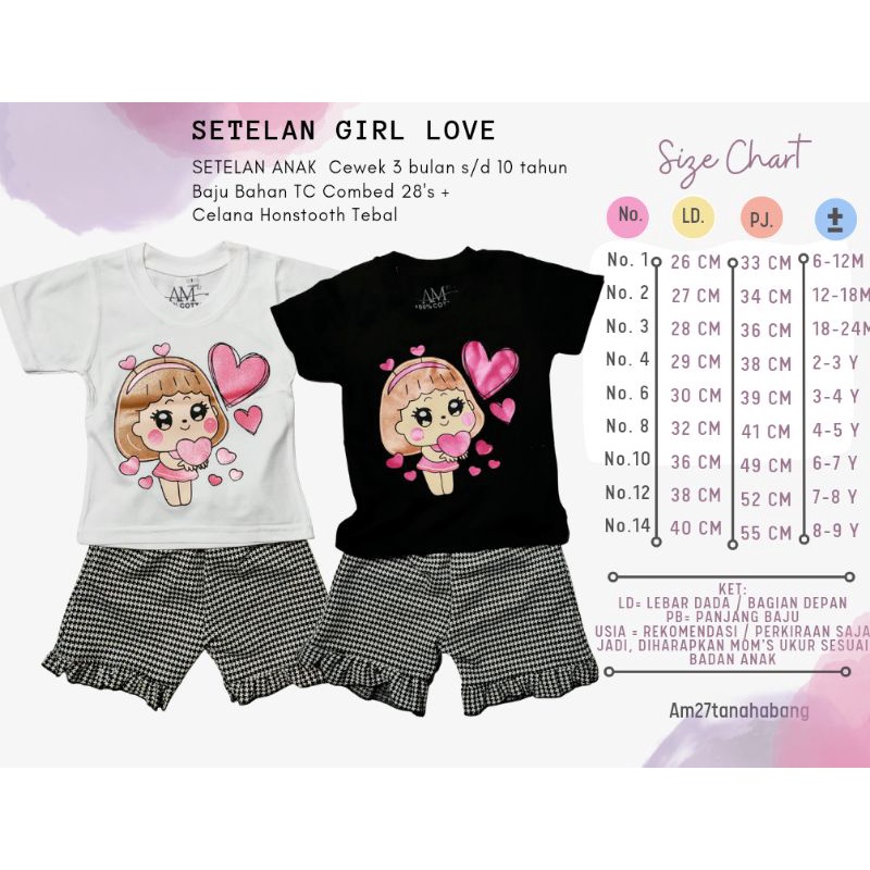 Setelan Anak Perempuan Fullprint &quot;GIRL LOVE&quot; 1- 10 Tahun merk. AM27