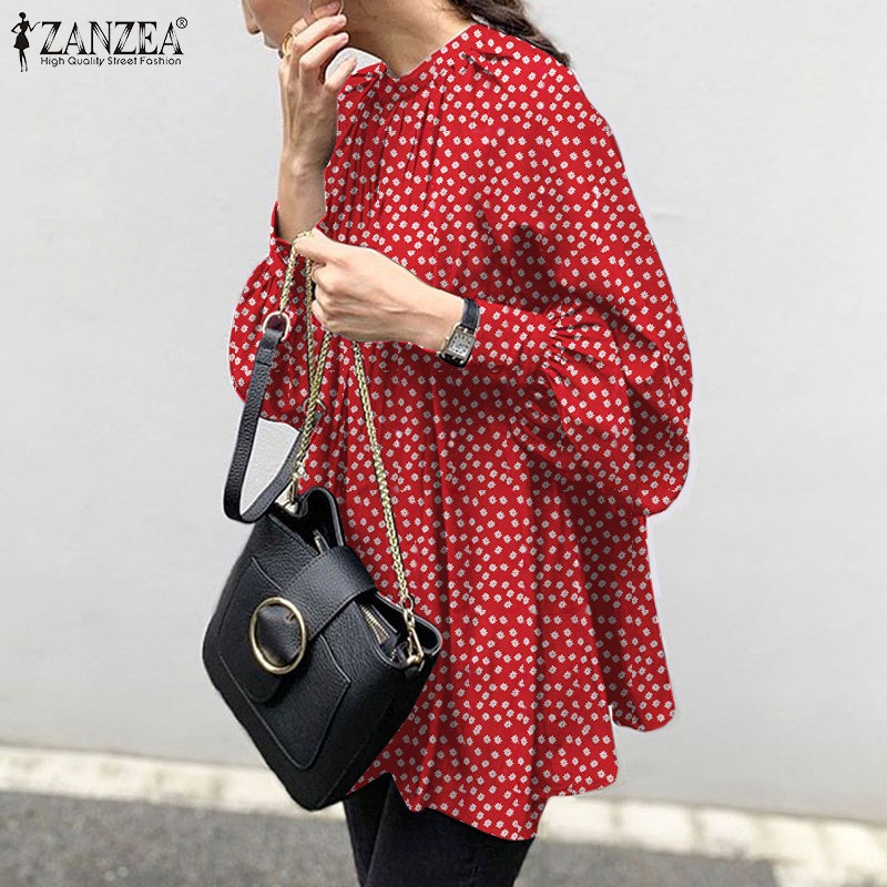 ZANZEA Women Casual Vintage Collar Printed Puff Sleeve Blouse