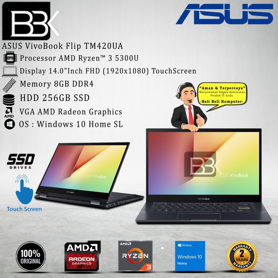 ASUS VivoBook Flip TM420UA Ryzen 3 5300U 8GB 256GB SSD W10HSL OHS 2Yr