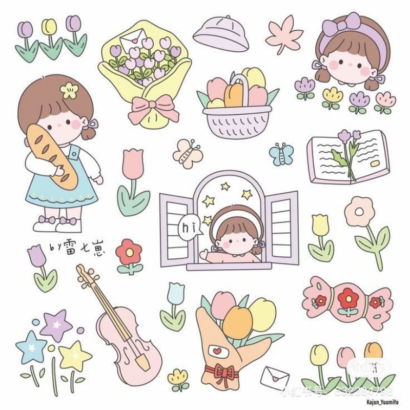 

Stiker flowers and kawaii girl