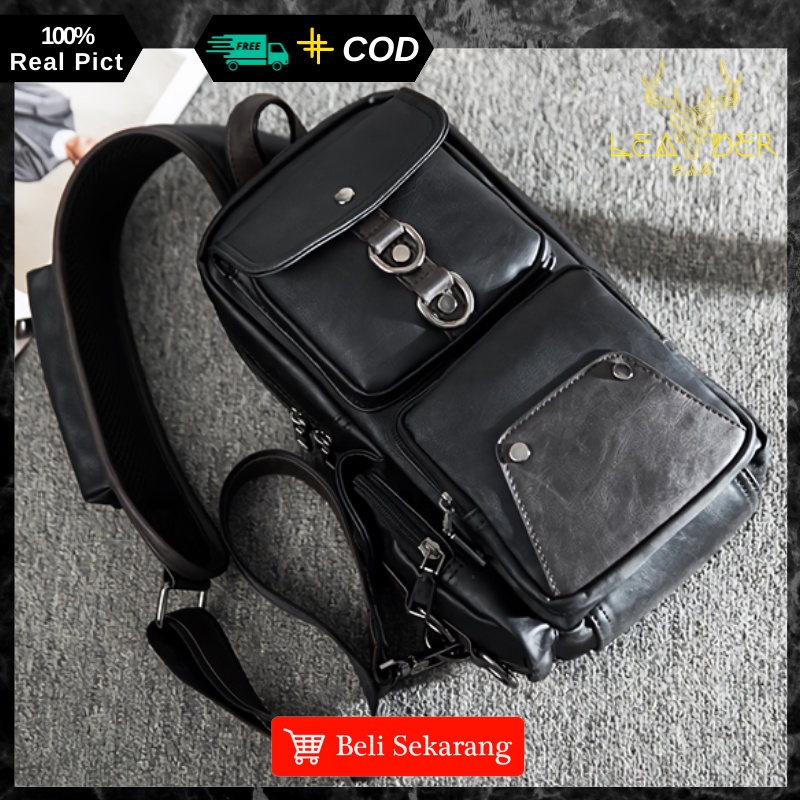 Tas Waist Bag Kulit Pria Original Model Terbaru Warna Hitam Atau Tas Slingbag Selempang Kulit Cowok Distro Import C12 GALAXI