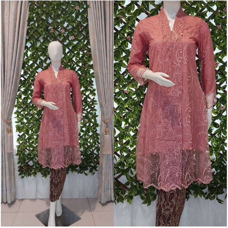 Kebaya Moderen Tulle - Kebaya Tunik Tulle Busui - Kebaya Terbaru - Kebaya Tunik Floy Kutu Baru - Kebaya Seragam - Kebaya Busui-Dasty pink