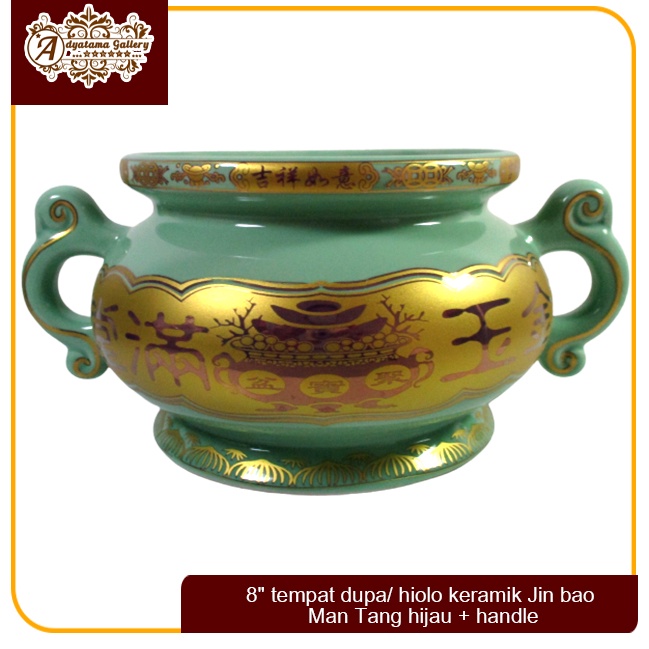 8" tempat dupa/ hiolo keramik Jin bao Man Tang hijau + handle