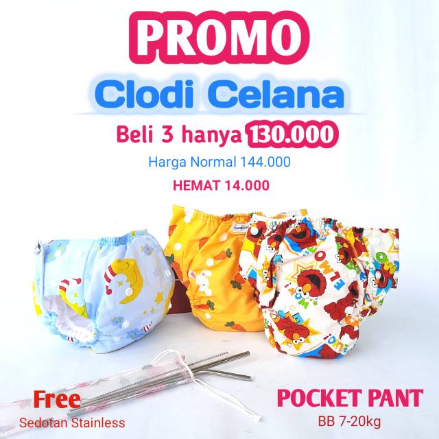 promo paket sedotan Clodi Nadnad by Sakina pocket pant M-XXL 7-25kg 3Clodi+3insert free stainless po