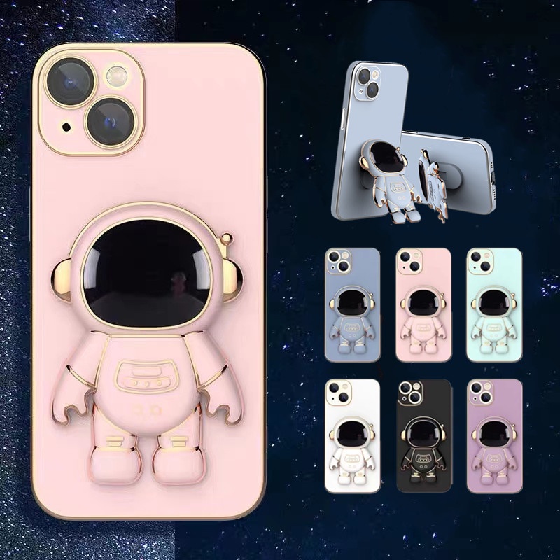 Case Stand Folding Astronaut Electroplated For iPhone 11 12 13 Pro Max X Xr Xs Max 7 8Plus Cover Camera Protective