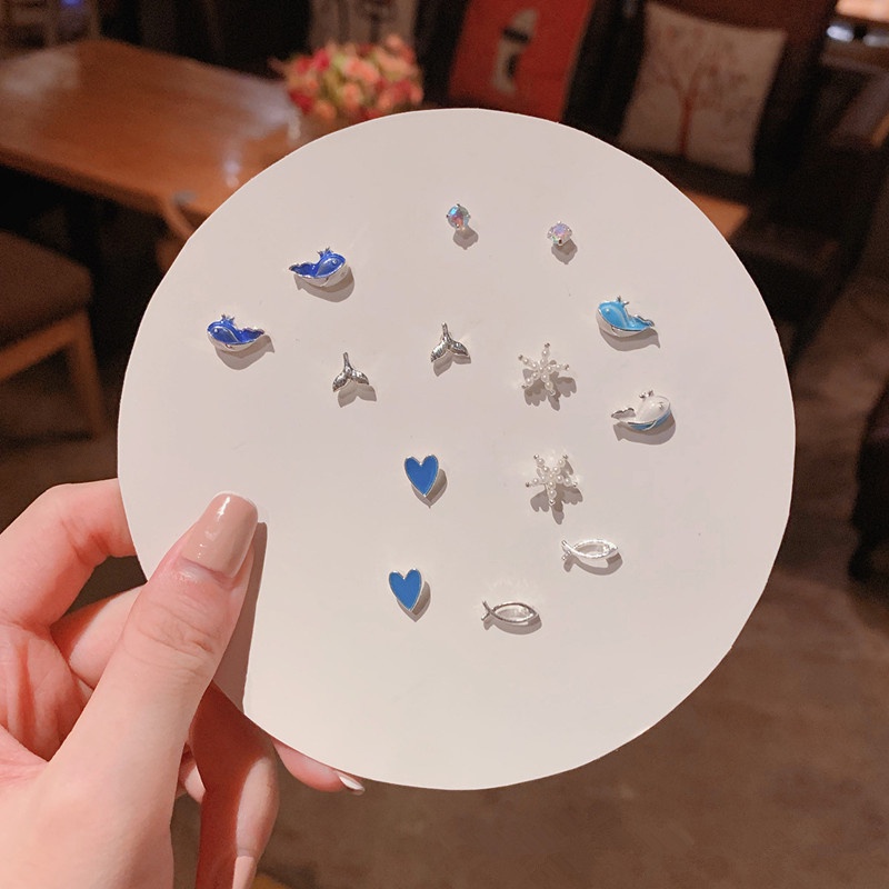 We Flower 7 Pairs S925 Silver Snowflake Butterfly Dolphin Stud Earrings Set for Women Girls Chic Ear Jewelry-7