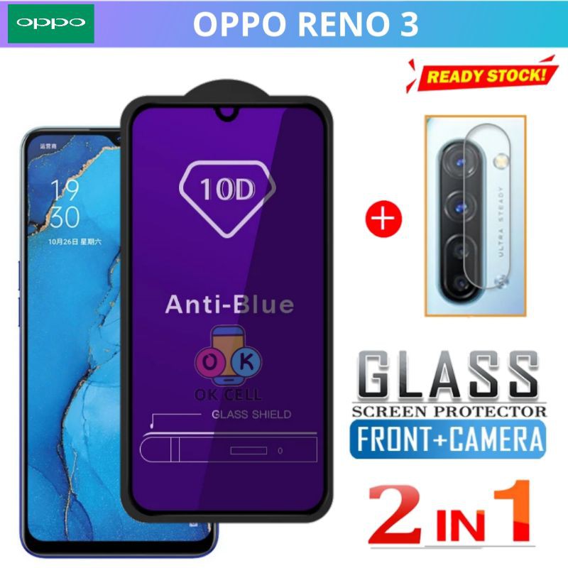 2in1- Tempered Glass Anti Blue Light 10D Oppo Reno 3-Tg Anti Gores Radiasi Ray Oppo Reno3 Full Layar