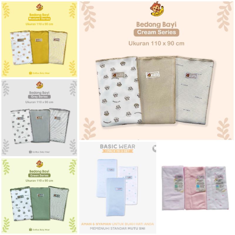 FLUFFY / GORILUX Bedong / Swaddle Bayi Grey, Khaki, Pink Series (3 Pcs) - Selimut Bayi