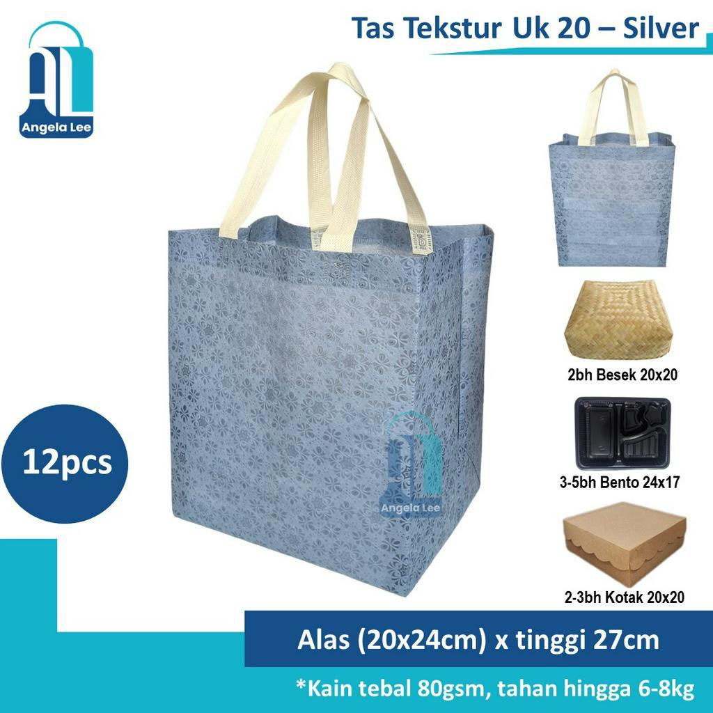 12pcs Tas Kain Spunbond Motif Timbul Tekstur Mewah muat 3bh nasi box uk.20x20cm