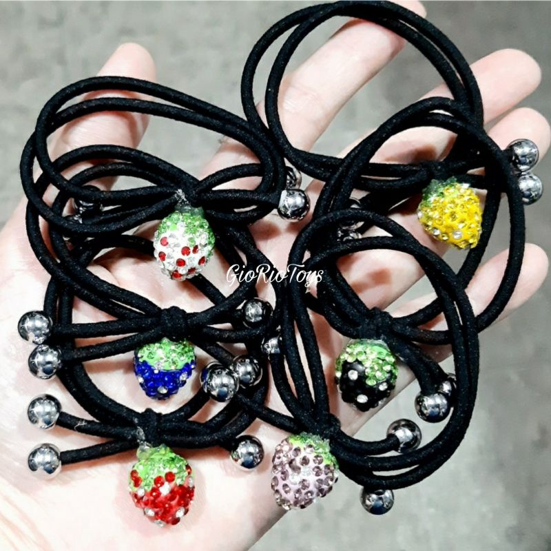 Karet Ikat Rambut Hitam Mote Strawberry Kunciran Mata Kristal Ala Korea - Karet Rambut Gelang Elegan