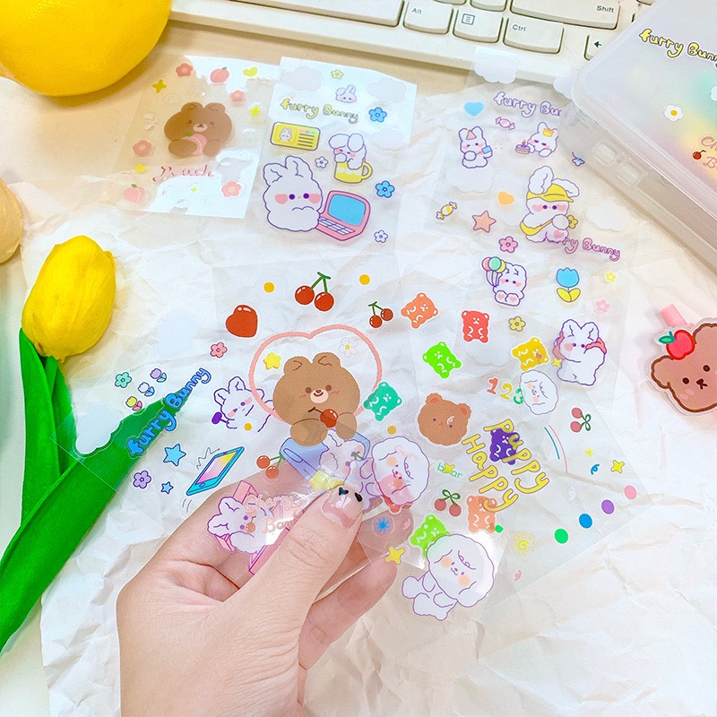 

[SCRIBBLE_ID] 1 Pcs BUNNY & BEAR Sticker Transparant PET Stiker Transparant DIY Scrapbook BuJo S0055