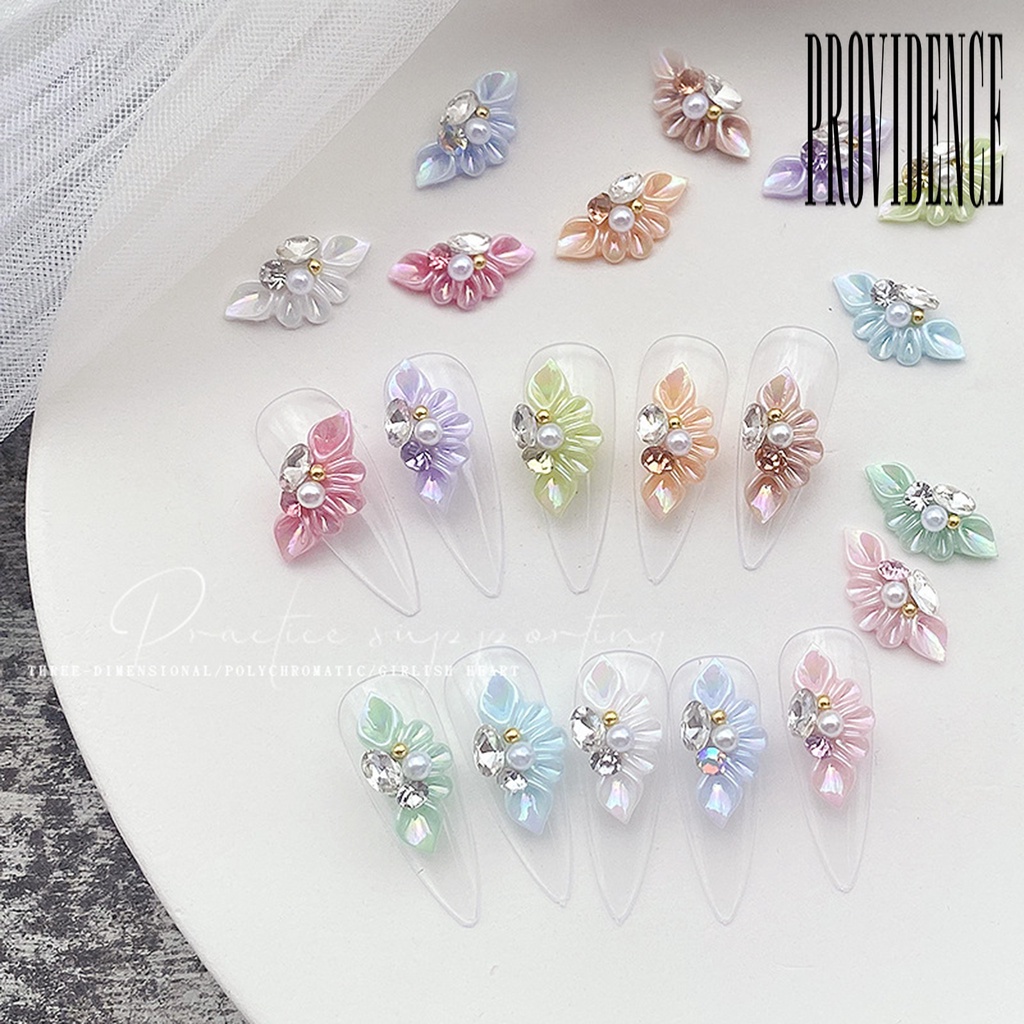 Providence 10Pcs / Set Hiasan Kuku 3D Bentuk Bunga Aksen Mutiara Imitasi Bahan Resin Untuk Nail Art / Manicure DIY