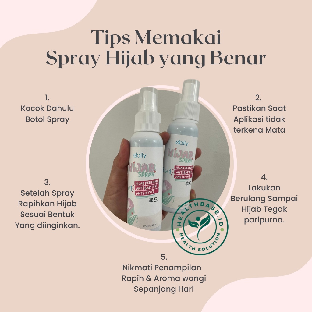 Healthbase.id Hijab Spray Anti Letoy Anti Lepek Anti Bakteri Dengan Parfum Pewangi Bikin Jilbab Kerudung Tegak Sepanjang Hari 100ml