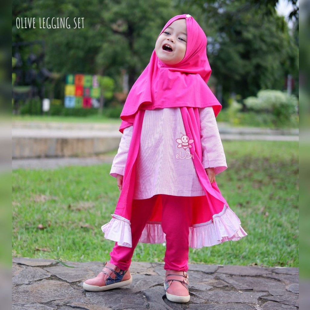 Setelan Baju Muslim Anak Perempuan - Pakian Muslim Anak Perempuan - Baju Kaos Anak Perempuan - Olive