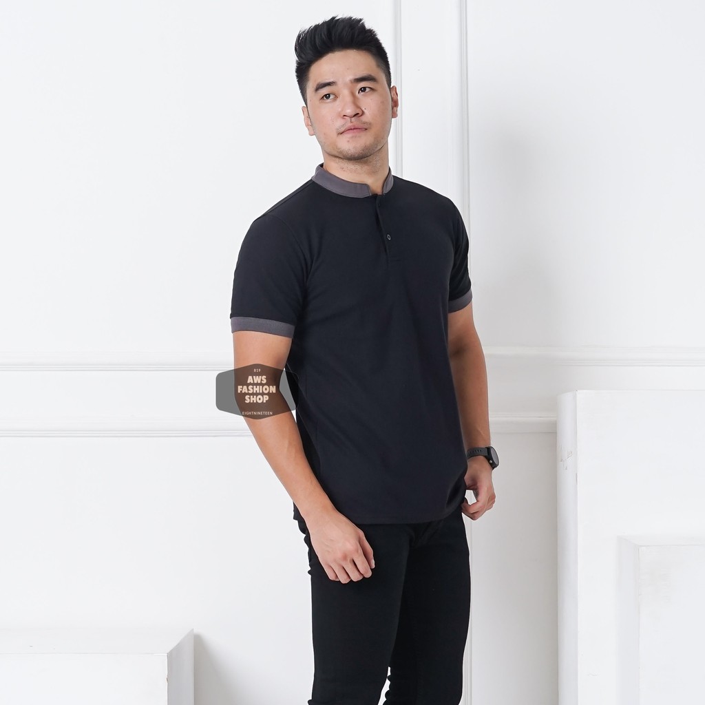 Kaos Polo Pria Polo Shirt Kerah Shanghai  Lengan Pendek Polos Hitam Black BIG SIZE JUMBO XXL / 3XL