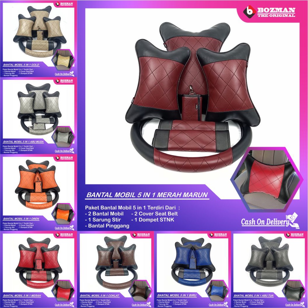 Set Bantal Mobil 5 in 1 Premium Bantal Leher Bantal Pinggang Cover Stir Seatbelt Free Dompet STNK