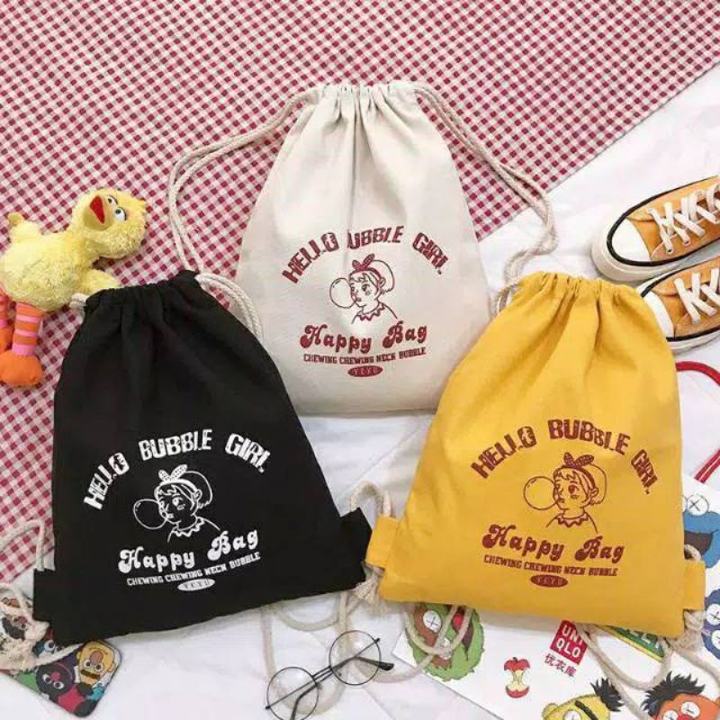 NEW  Stringbag happybag - Tas ransel serut wanita Trend 2021 Tas serut remaja trend Tas ransel new