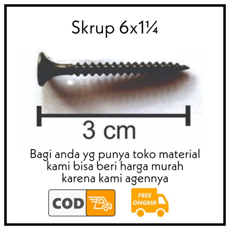Skrup Sekrup Gypsum Ukuran 1 1/4 inch (3 cm) / Drywall Screw / Baut Gipsum Hitam per ktoak-6