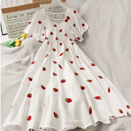 b019, import Mini dress wanita putih strawberry nanas cantik