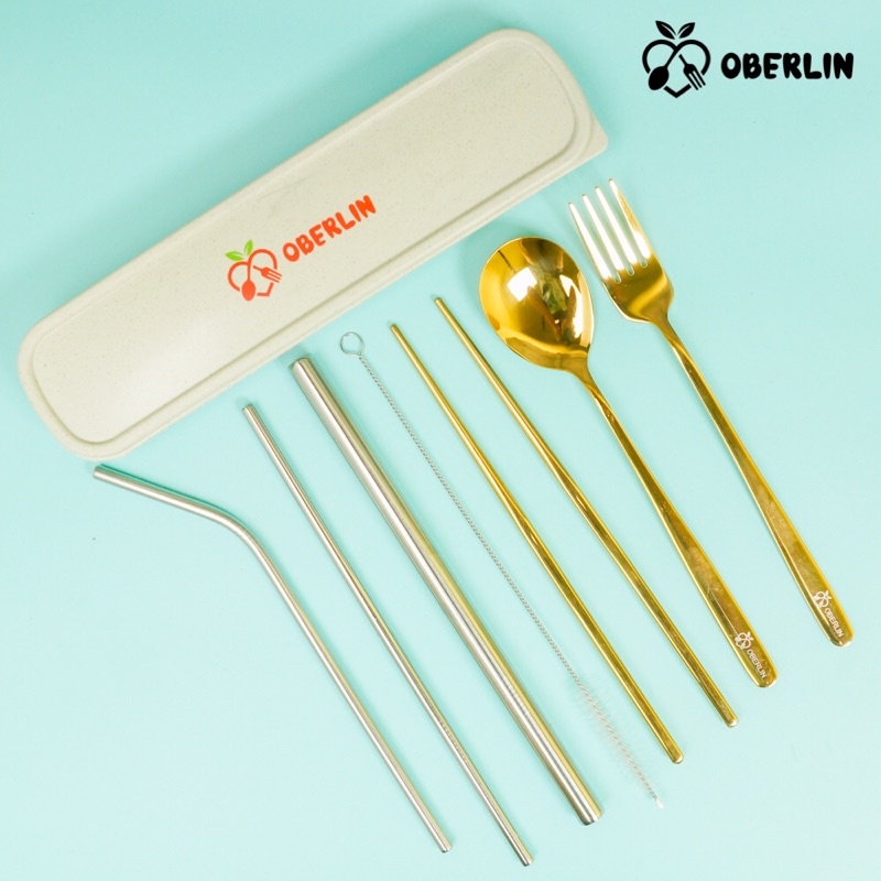 sendok korea set full gold+sedotan stainless set