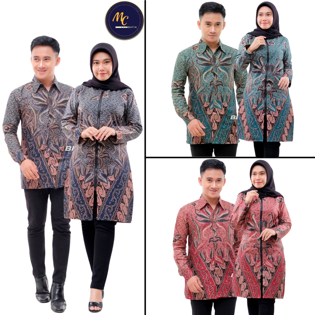 MCbatik Couple | Couple Batik Tunik Zipper Depan Kemeja Lengan Panjang Seragam Batik