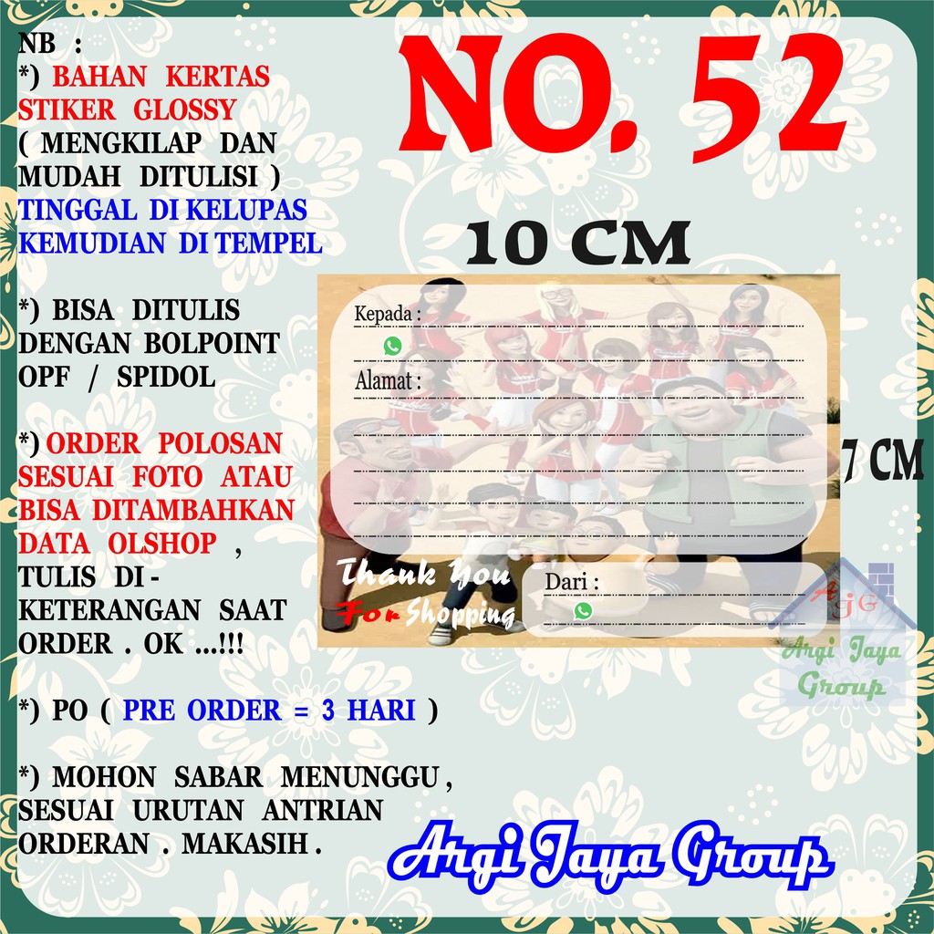 

Stiker Pengiriman - Sticker Alamat Olshop Murah Nomer 52 - 10x7 cm - Glossy